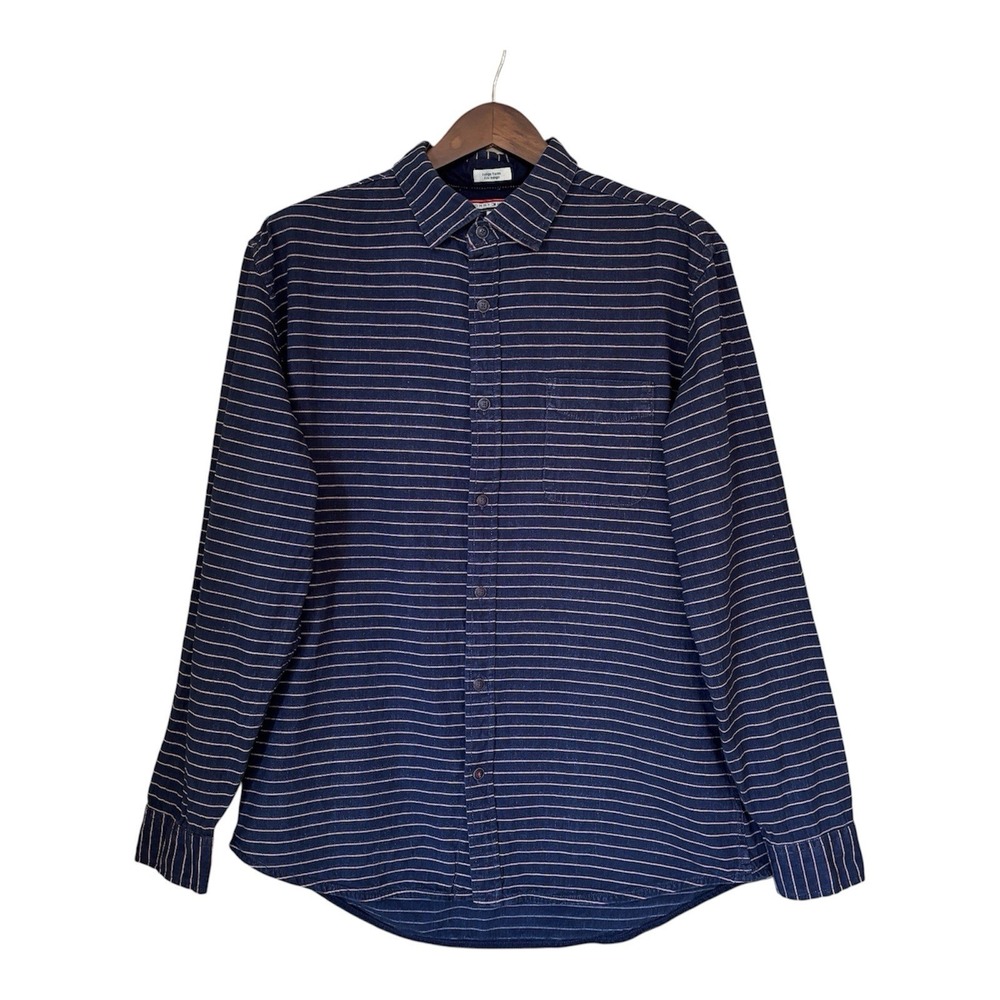 Tommy Hilfiger Men's XL Custom Fit Indigo Blue White Striped Button Down Shirt